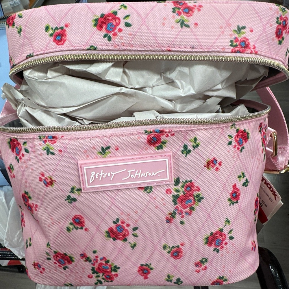 Betsey Johnson Pink and Red Floral Cosmetic Case or lunch bag - Picture 3 of 6